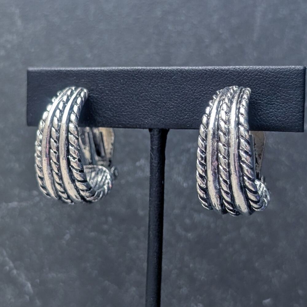 Vintage Clip On Earrings Woven Silver Tone Large Elongated Statement Hoops